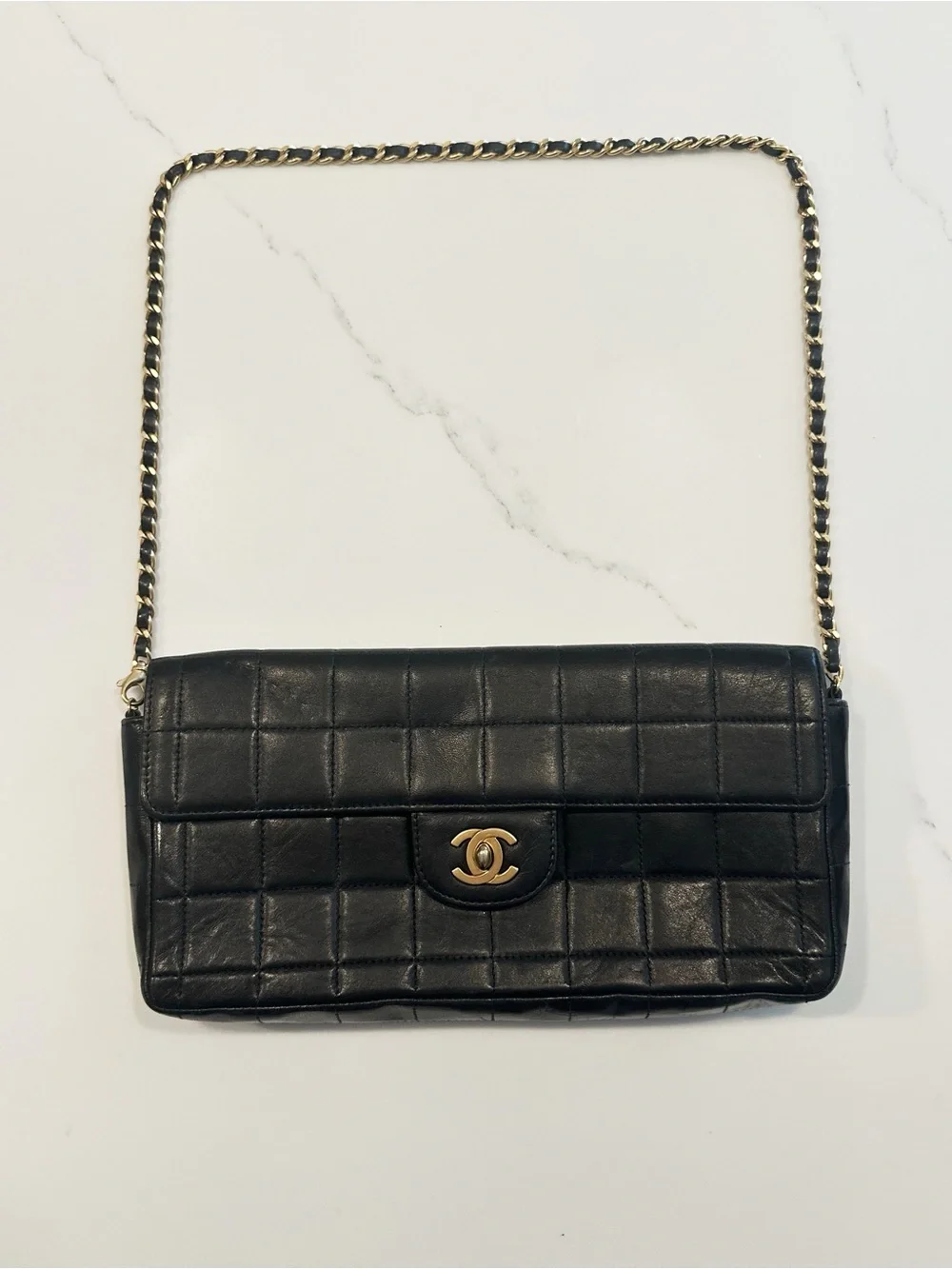 1990 Vintage CHANEL East West Chocolate Bar Black Quilted Leather Shoulder Bag
